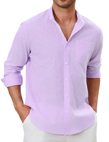 Enlision Violettes Leinenhemd Herren Hemd Langarm Lila Baumwolle Leichtes Freizeithemd Sommerhemd Regular Fit Locker Henley Shirt Hemden Sommer 3XL von Enlision