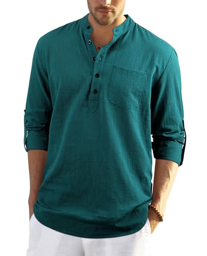 Enlision Waldgrün Leinenhemd Herren Hemd Langarm Sommerhemd Herren Regular Fit Freizeithemd mit Brusttasche Henley Shirt 3XL von Enlision