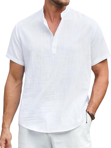 Enlision Weiß Leinenhemd Herren Kurzarm Sommerhemd Leichte Baumwolle Linen Hemden für Männer Ohne Kragen Freizeithemd Henley Shirt Regular Fit M von Enlision