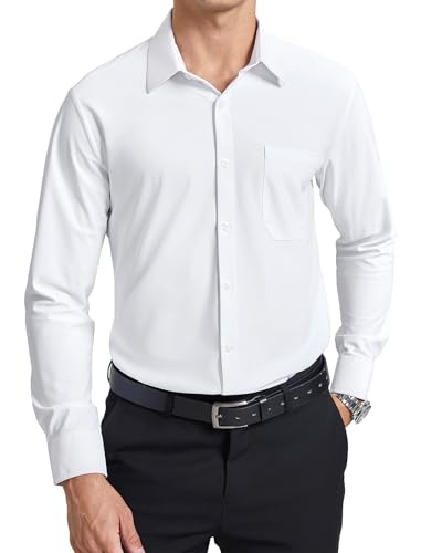 Enlision Weiße Hemd Herren Bügelfrei Stretch Langarm Regular Fit Businesshemden Hochzeit Büro Formelle Anzug Hemd mit Tasche, L von Enlision