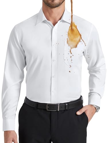 Enlision Weißes Hemd Herren Fleckenschutz Stretch Bügelleichtes Herrenhemden Langarm Regular Fit Businesshemd Oberhemd Anzug Hemd mit Tasche, L von Enlision