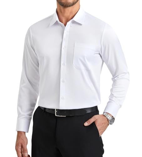 Enlision Weißes Hemd Herren Stretch Bügelfrei Langarm Businesshemd Regular Fit Freizeithemden Hochzeit Büro Formelle Anzug Hemd mit Tasche XXL von Enlision
