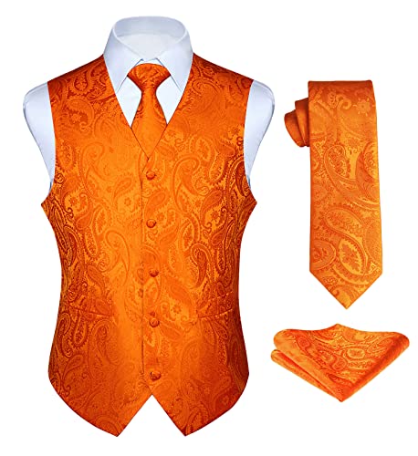 Enlision Anzugweste Orange Herren Hochzeit Paisley Westen & Krawatte Einstecktuch Party Floral Jacquard Anzug Weste Set S von Enlision