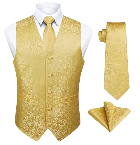 Enlision Weste für Herren Paisley Blumen Jacquard Gelb Weste mit Krawatte und Einstecktuch Taschentuch Set Herren Anzugweste für Hochzeit Party, 3XL von Enlision