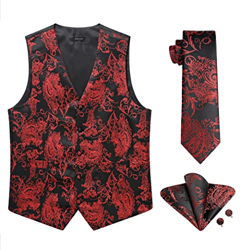 Enlision Anzugweste Herren Burgund Weste Paisley mit Krawatte Einstecktuch Manschettenknöpfe Anzugwesten Hochzeit Elegant Männer Floral Anzug Weste mit Taschen 3XL von Enlision