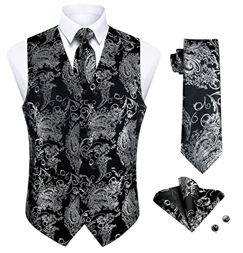 Enlision Anzugweste Herren Schwarz Weste Paisley mit Krawatte Einstecktuch Manschettenknöpfe Anzugwesten Hochzeit Elegant Männer Floral Anzug Weste mit Taschen 3XL von Enlision