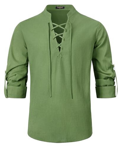 Enlision mittelalterliches Kostüm Herren klassisches Wikinger Leinenhemd mit Langen Ärmeln für Halloween Cosplay Wikinger Pirat Renaissance Armeegrün 3XL von Enlision