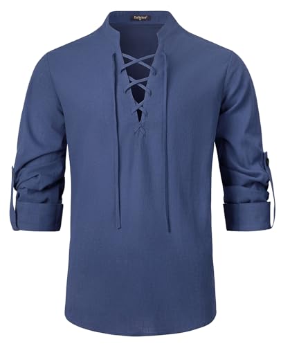 Herren Leinen Baumwollhemd Cosplay Wikinger Pirat Steampunk Vampir Renaissance Gothic Viktorianische Kleidung Navy 4XL von Enlision