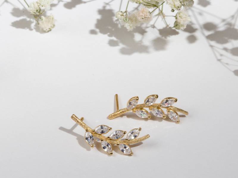 Blattgold Ast Ohrstecker Mit Zirkon, Zweig Ohrringe Blattgold Ast Ohrstecker Mit Zirkon, Zweig Ohrringe von Enlitho