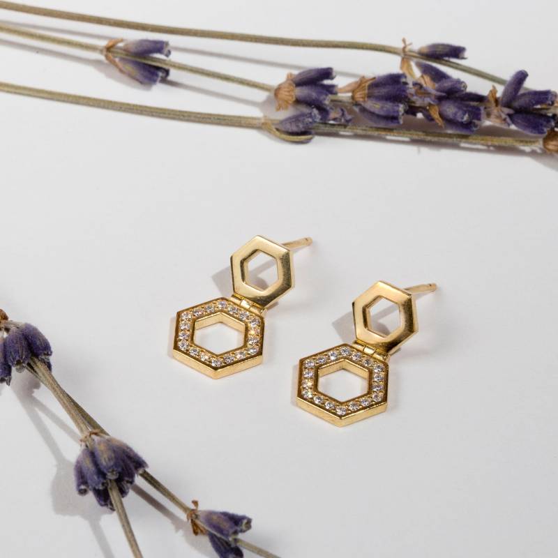 Weiß Zirkon Sechseck Hängeohrringe Gold Filled Sterling Silber von Enlitho