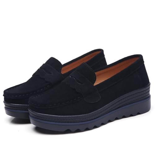 EnllerviiD Damen Plateau-Slipper Slip-On Bequeme Wildleder Mokassins Wedge Penny Loafers Casual Business Arbeitsschuhe, Schwarz, 38.5 EU von EnllerviiD