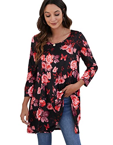 Enmain Damen Tunika Langarm Große Größen Elegant Blusen Tuniken Für Frauen Weihnachten Festliche Bluse Long Oberteil Shirt,Schwarz & Rot,XL von Enmain