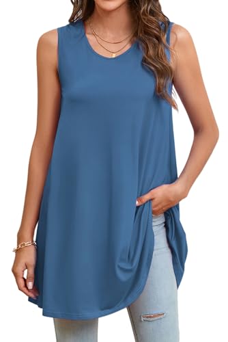 Enmain Blaue Tank Tops Damen Sommer Tunika Ärmellos Lange Tops Große Größen Locker Longbluse Longshirt Lässig für Leggings Oberteile Shirt 2XL von Enmain