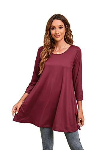 Enmain Burgund Blusen Tunika für Damen Langarm Tuniken Longline Bluse Longshirt Elegante Lässige Langarmshirt Rundhals Swing Tuniken Tops 2XL von Enmain