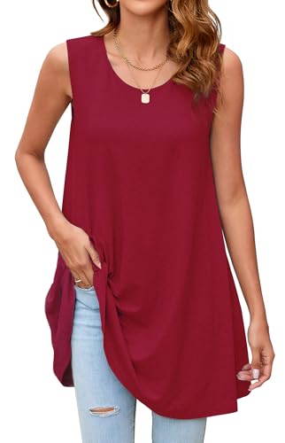 Enmain Burgund Tank Tops Damen Sommer Ärmellose Tunika Top Große Größen Lang Locker Longbluse Longshirt Lässig für Leggings Oberteile Bluse XL von Enmain