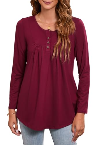 Enmain Burgund Tunika Damen Langarm Plus Größe Tunika für Leggings Loose Small V Neck Longline Damen Tunika Bluse T Shirt Buttons Up Damen Blusen,L1-Burgund,2XL von Enmain