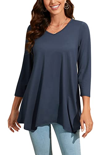 Enmain Damen Blaue Tunika V Ausschnitt Langarm 3/4 Ärmel Longbluse Einfarbige Lange Oberteile Für Frauen Große Größen Shirt Tuniken,Blau,3XL von Enmain