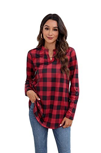 Enmain Damen Tunika Shirt Langarm Bluse Shirts V-Ausschnitt 3/4 Ärmel Bluse Tunika Rot Plaid Printed Tunika Tops für Damen,L von Enmain