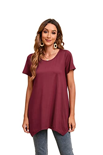 Enmain Damen Burgund Tunika Top Kurzarm Rundhals Bluse Tuniken Casual Longshirt Plissiert Swing T Shirt für Sommer M von Enmain