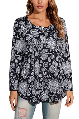 Enmain Tunika Damen Langarm Casual Tunika Shirt Damen Große Größen Longshirt V-Ausschnitt Longbluse Shirt Elegante Tunika Tops mit Knöpfen Paisley Blumen T-Shirt Damen L Schwarz von Enmain