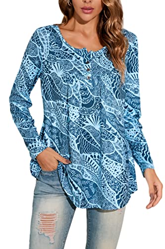 Enmain Damen Tunika V-Ausschnitt Tunika Langarm Shirt Longshirt Damen Große Größen Longbluse Shirt Casual Elegante Tunika Tops mit Knöpfen Paisley Blumen T-Shirt Damen L Blau von Enmain