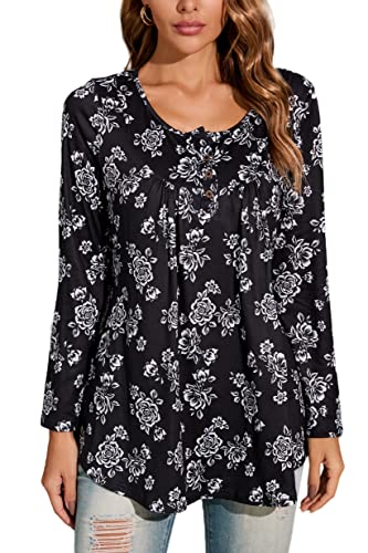 Enmain Damen Tunika Longshirt Große Größen Langarm Shirt Tunika Damen V-Ausschnitt Longbluse Shirt Casual Elegante Tunika Tops mit Knöpfen Paisley Blumen T-Shirt Damen L Schwarz von Enmain