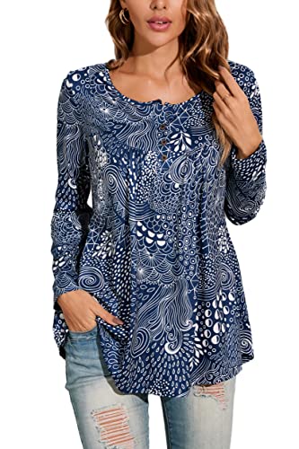 Enmain Damen Tunika Langarm Große Größen Tunika Shirt Longshirt Damen V-Ausschnitt Longbluse Shirt Casual Elegante Tunika Tops mit Knöpfen Paisley Blumen T-Shirt Damen 2XL Navy blau von Enmain