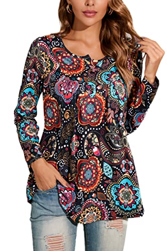 Enmain Damen Tunika Shirt Langarm Tunika V-Ausschnitt Longshirt Damen Große Größen Longbluse Shirt Casual Elegante Tunika Tops mit Knöpfen Paisley Blumen T-Shirt Damen 3XL Schwarze Blume von Enmain