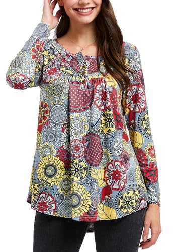 Enmain Tunika Damen Langarm Tunika Shirt Longshirt Damen Große Größen V-Ausschnitt Longbluse Shirt Casual Elegante Tunika Tops mit Knöpfen Paisley Blumen T-Shirt Damen M Graue Blume von Enmain