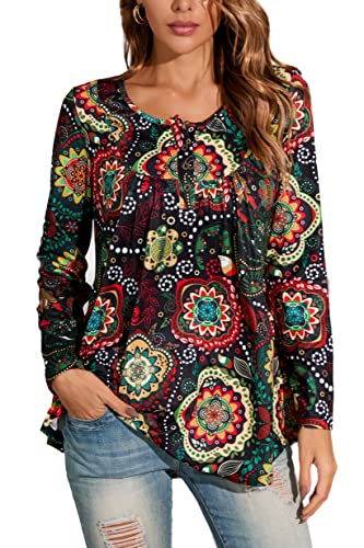 Enmain Damen Tunika Shirt Langarm Tunika Longshirt Damen Große Größen V-Ausschnitt Longbluse Shirt Casual Elegante mit Knöpfen Paisley Blumen T-Shirt M Schwarze Blume von Enmain