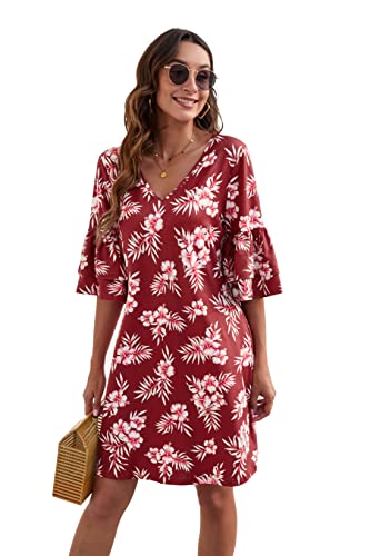 Enmain Damen Elegant Longshirt Kleid Casual 3/4 Ärmel Bluse Kleider Locker Swing Minikleid Rot 2 XL von Enmain