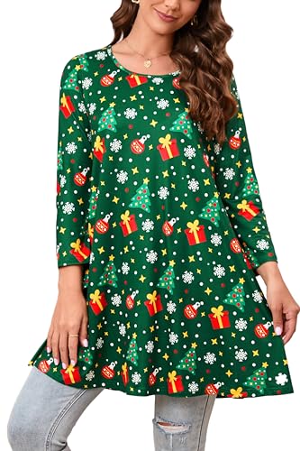 Enmain Damen Grün Weihnachten Tunika Langarm Longline 3/4 Ärmel Weihnachtsbaum Muster Swing Übergrößen Tunika Loose Fit Bluse Rundhalsausschnitt Festliche Urlaub,Weihnachten Grün -1,M von Enmain