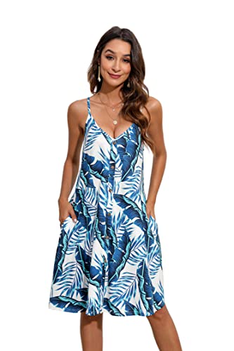 Enmain Damen Kleider Sommer Blau Blumen Spaghettiträger Knielang Strandkleider Midikleid Freizeitkleid Partykleid mit Taschen L von Enmain