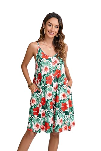 Enmain Damen Kleider Sommer Rot Blumen Spaghettiträger Knielang Strandkleider Midikleid Freizeitkleid Partykleid mit Taschen 2XL von Enmain