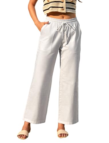 Enmain Damen Leinenhose Lang Leicht Sommer Stoffhose Gummizug Strandhose mit Taschen Causal Gerade Geschnitten Reisehose für Urlaub Weiß 2XL von Enmain