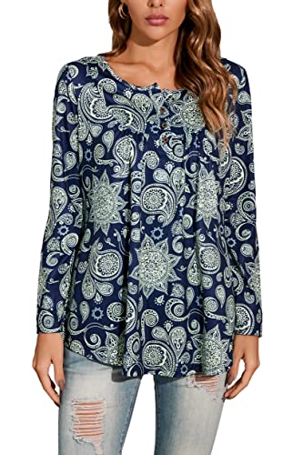 Enmain Tunika Damen Langarm Elegante Tunika Shirt Longshirt Damen Große Größen V-Ausschnitt Longbluse Shirt Casual Tunika Tops mit Knöpfen Paisley Blumen T-Shirt Damen 2XL Navy Blau von Enmain