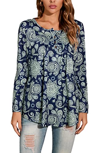 Enmain Tunika Damen Langarm Elegante Tunika Shirt Longshirt Damen Große Größen V-Ausschnitt Longbluse Shirt Casual mit Knöpfen Paisley Blumen T-Shirt M Navy Blau von Enmain