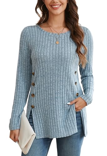Enmain Damen Pullover Herbst Langarm Leichter Strickpullover Blau Lässige Elegant Rundhals Seitliche Knöpfe Sweatshirt Oversize XXL von Enmain