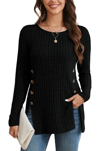 Enmain Damen Pullover Herbst Langarm Leichter Strickpullover Schwarz Lässige Rundhals Seitliche Knöpfe Sweatshirt Oversize L von Enmain