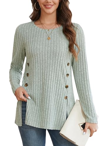Enmain Damen Pullover Herbst Leichter Rundhals Sweatshirt Langarm Lässige Elegant Seitliche Knöpfe Strickpullover Hellgrün XXL von Enmain