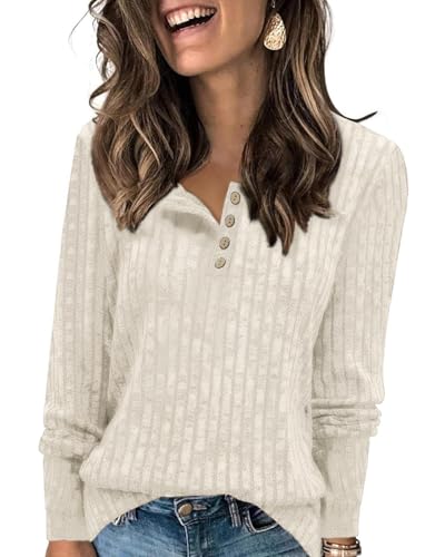 Enmain Damen Pullover Langarm Beige Leichter Strickpullover Herbst Lässige Rundhals-Knöpfe Elegant Weich Tunika Sweatshirt Henley Shirt L von Enmain