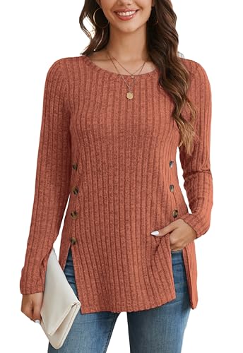 Enmain Damen Pullover Langarm Herbst Strickpullover Leichter Halloween Rundhals Orange Sweater mit Seitliche Knöpfe Lässige XL von Enmain