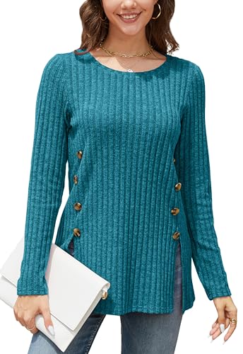 Enmain Damen Pullover Langarm Herbst Strickpullover Teal Leichter Halloween Rundhals Orange Sweater mit Seitliche Knöpfe Lässige XL von Enmain