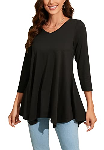 Enmain Damen Schwarze Tunika V Ausschnitt Langarm 3/4 Ärmel Longbluse Einfarbige Lange Oberteile Für Frauen Große Größen Shirt Tuniken Blusen,Schwarz,2XL von Enmain