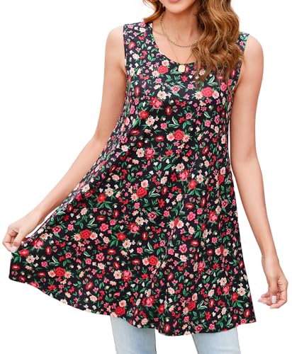 Enmain Damen Tank Tops Sommer Ärmellose Tunika Lang Große Größen Locker Shirt Blumen Longbluse Longshirt Lässig für Leggings Oberteile Schwarz 2XL von Enmain