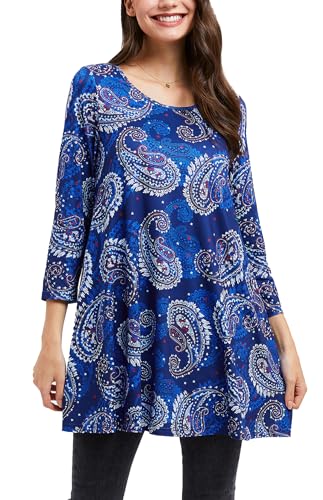 Enmain Damen Tunika 3/4 Ärmel Lange Große Größen Elegant Pailey Blusen Tuniken Oberteile Für Frauen Weihnachten Festliche Long Shirt,Blau,2XL von Enmain