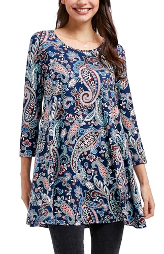 Enmain Damen Tunika 3/4 Ärmel Lange Große Größen Elegant Paisley Blusen Tuniken Oberteile Für Frauen Weihnachten Festliche Long Shirt,Mehrfarbig,2XL von Enmain