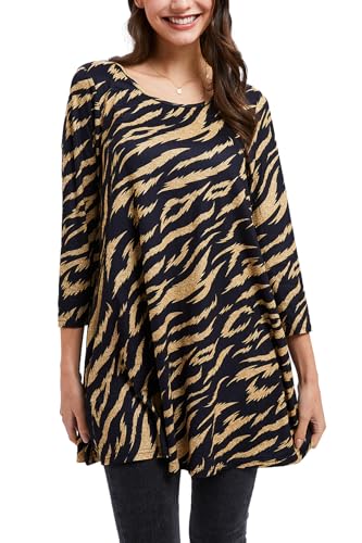 Enmain Damen Tunika 3/4 Ärmel Lange Große Größen Elegant Tigerstreifen Blusen Tuniken Oberteile Für Frauen Weihnachten Festliche Long Shirt,Schwarz,2XL von Enmain