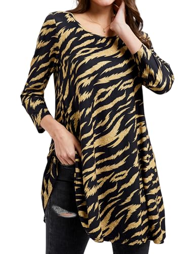 Enmain Damen Tunika 3/4 Ärmel Lange Große Größen Elegant Tigerstreifen Blusen Tuniken Oberteile Für Frauen Weihnachten Festliche Long Shirt,Schwarz,XL von Enmain