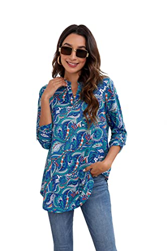 Enmain Damen Tunika Tops Langarm Bluse Shirts V-Ausschnitt 3/4 Ärmel Bluse Tunika Elegant Blu Paisley Printed Tunika Tops für Damen,XXL von Enmain